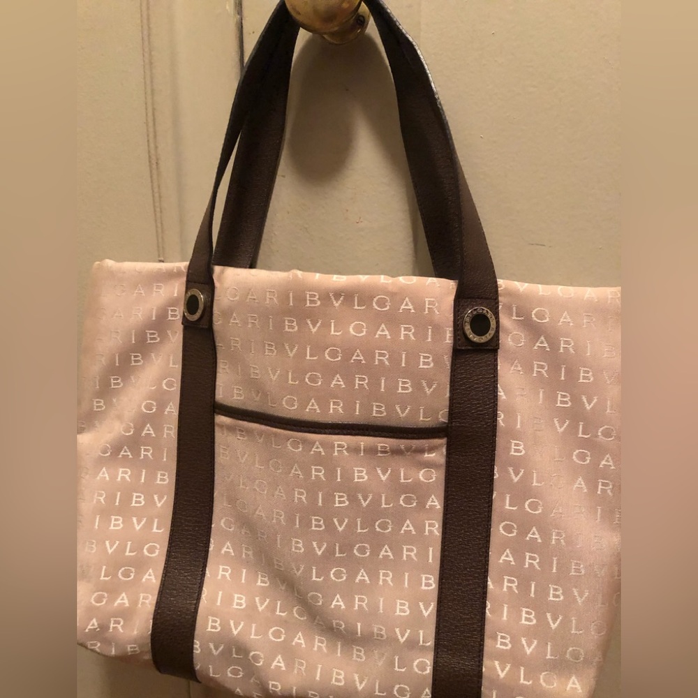 Bvlgari Logo Mania crème canvas and leather trimmed tote with matching pouch